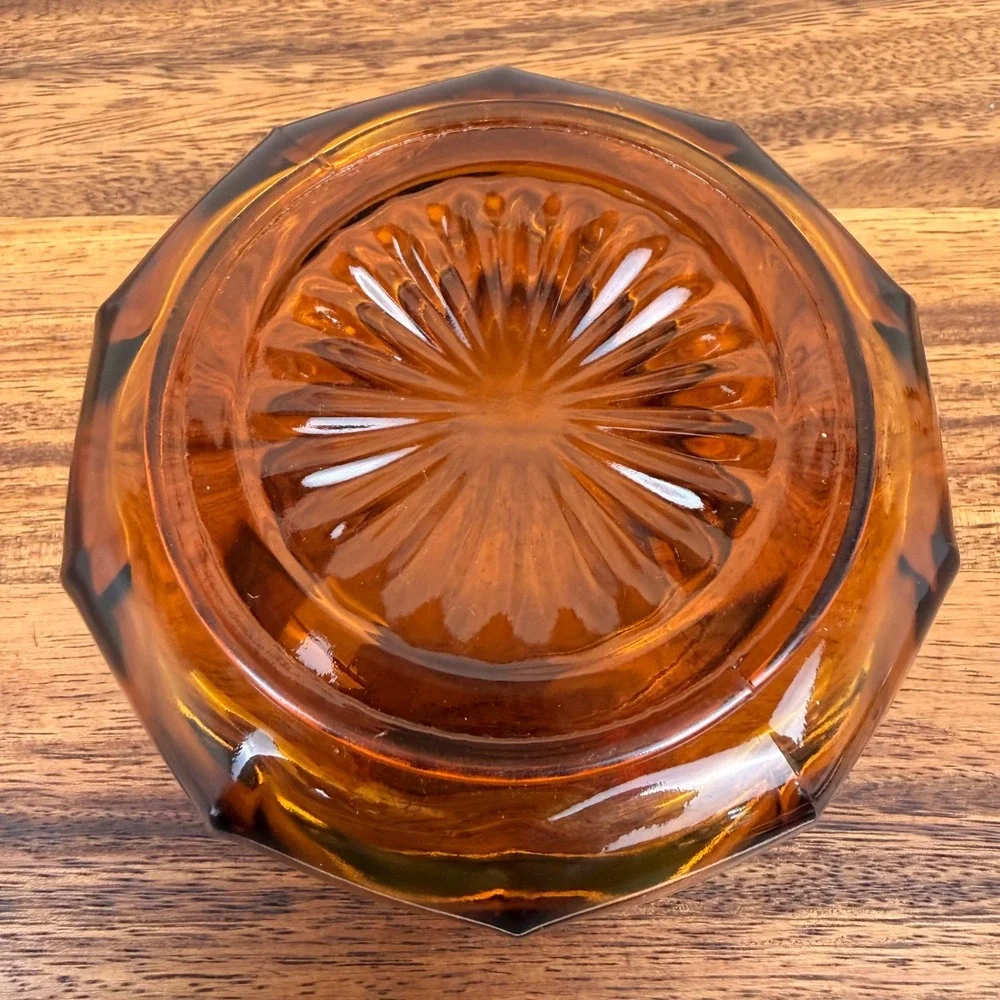 Vintage Amber Glass Powder Jar Base Sunburst Bottom Trinket Dish Honey Gold